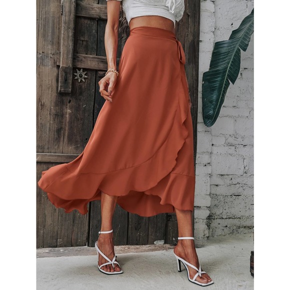 Solid minimalist Wrap Hem Tie Side high low midi skirt rust brown orange - Picture 1 of 11